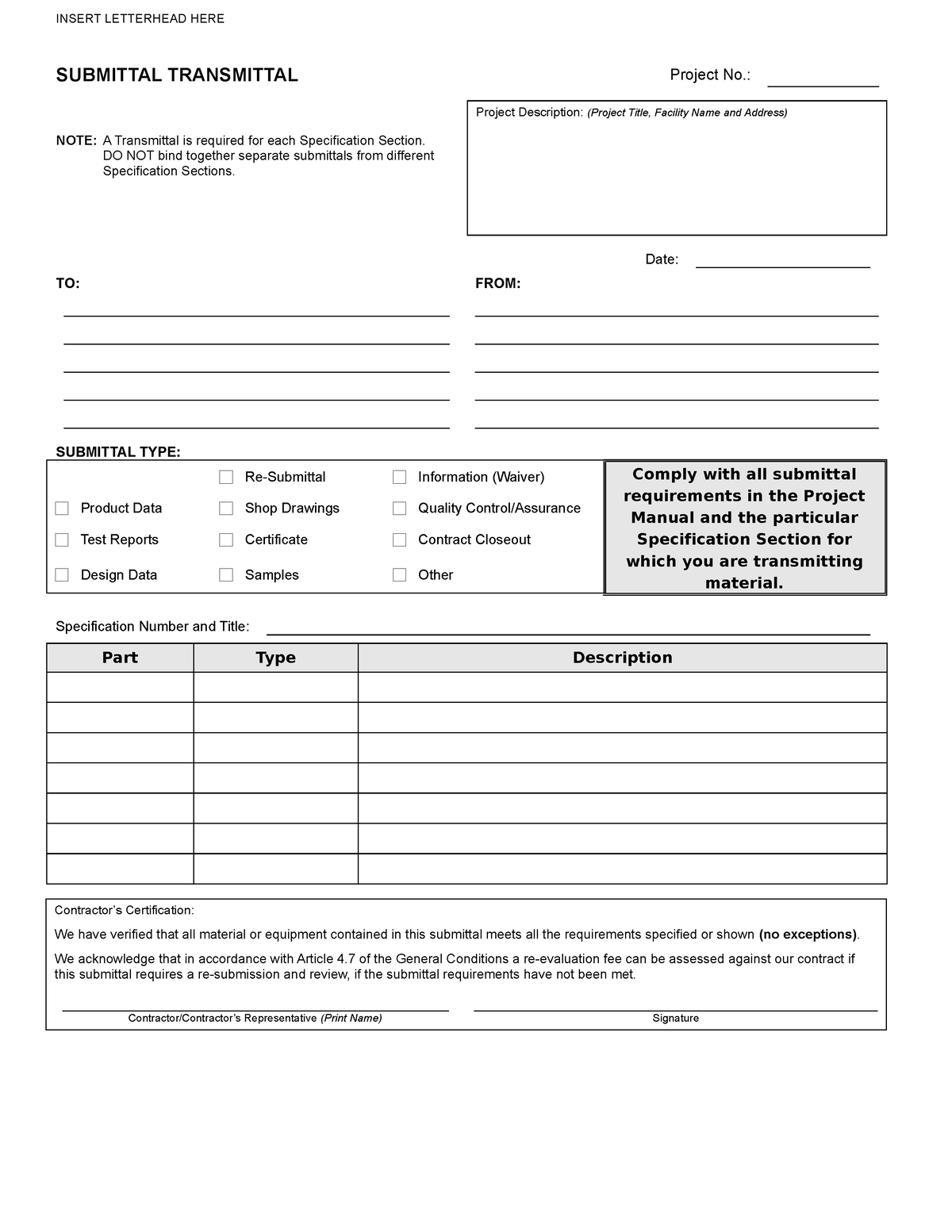 15 - Construction Submittal Transmittal Form - INSERT LETTERHEAD HERE ...