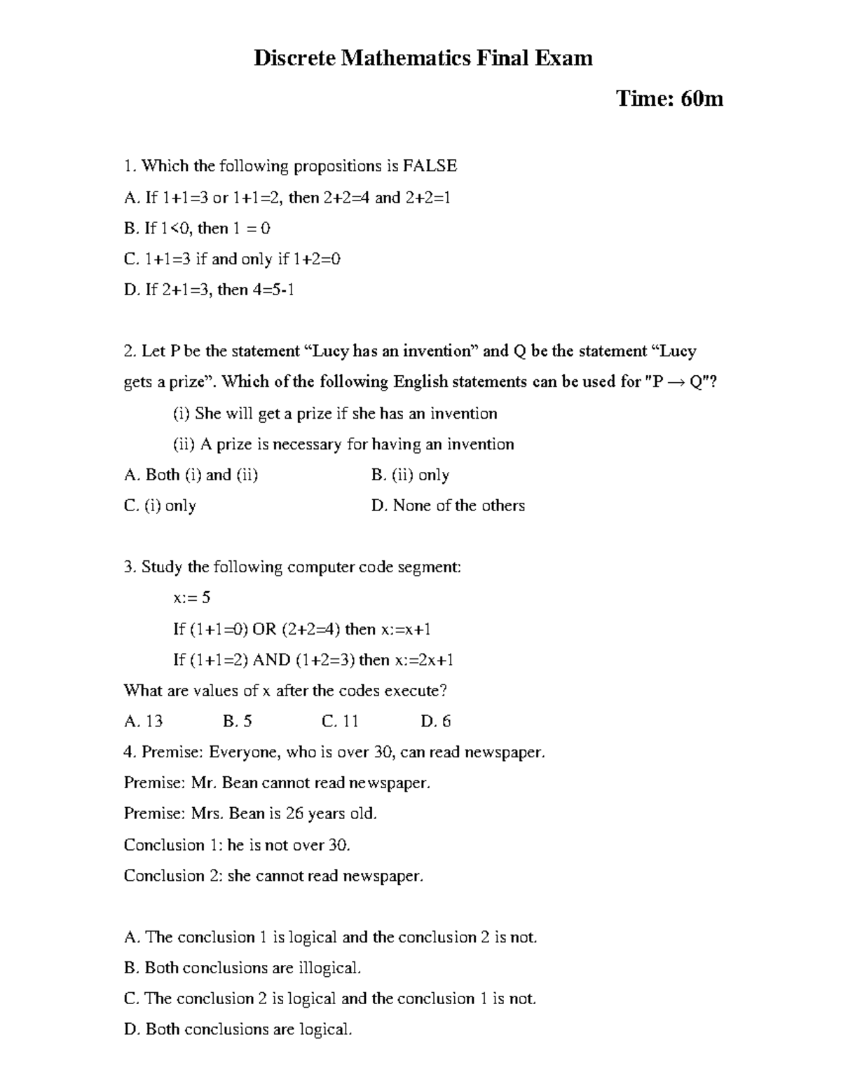Su21mad - Ôn tập MAD - Discrete Mathematics Final Exam Time: 60m Which ...