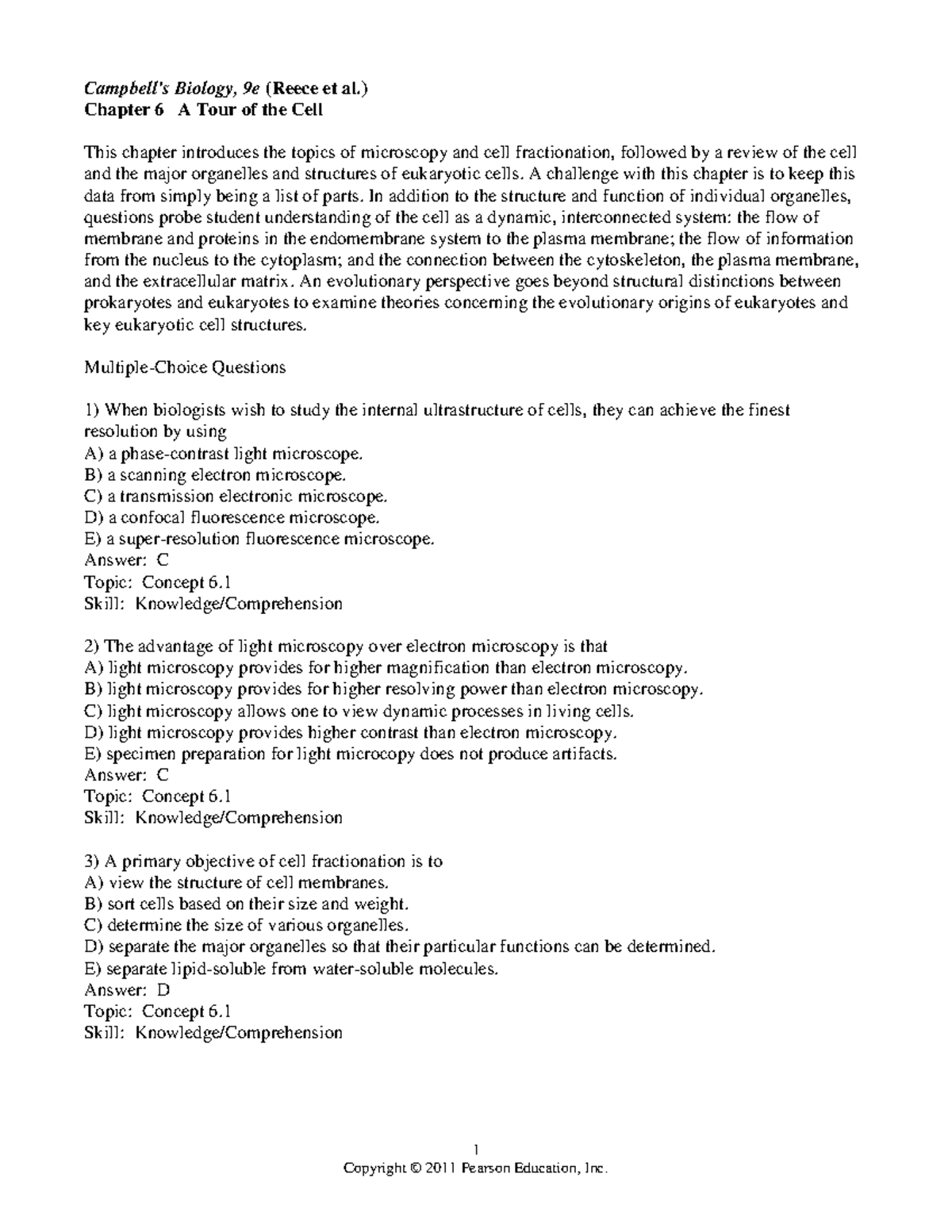 Chapter-6 Tour Of The Cell Practice Problems - 1 Campbell's Biology, 9e ...