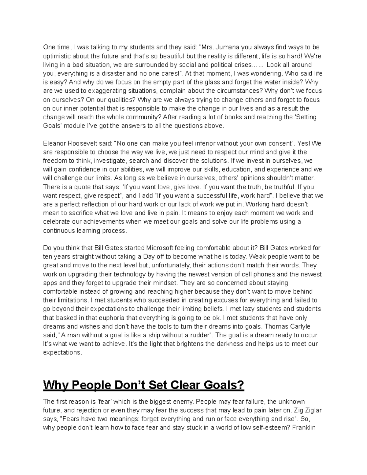 Goals Setting Reflective Essay - One time, I was talking to my students ...