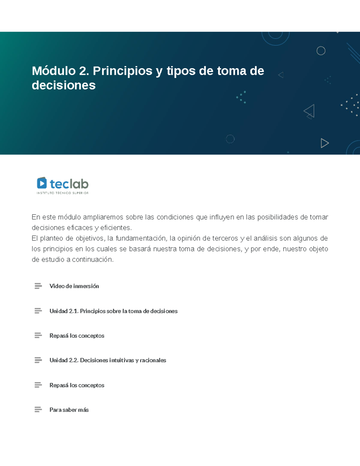 Módulo 2. Principios y tipos de toma de decisiones - En este módulo ...
