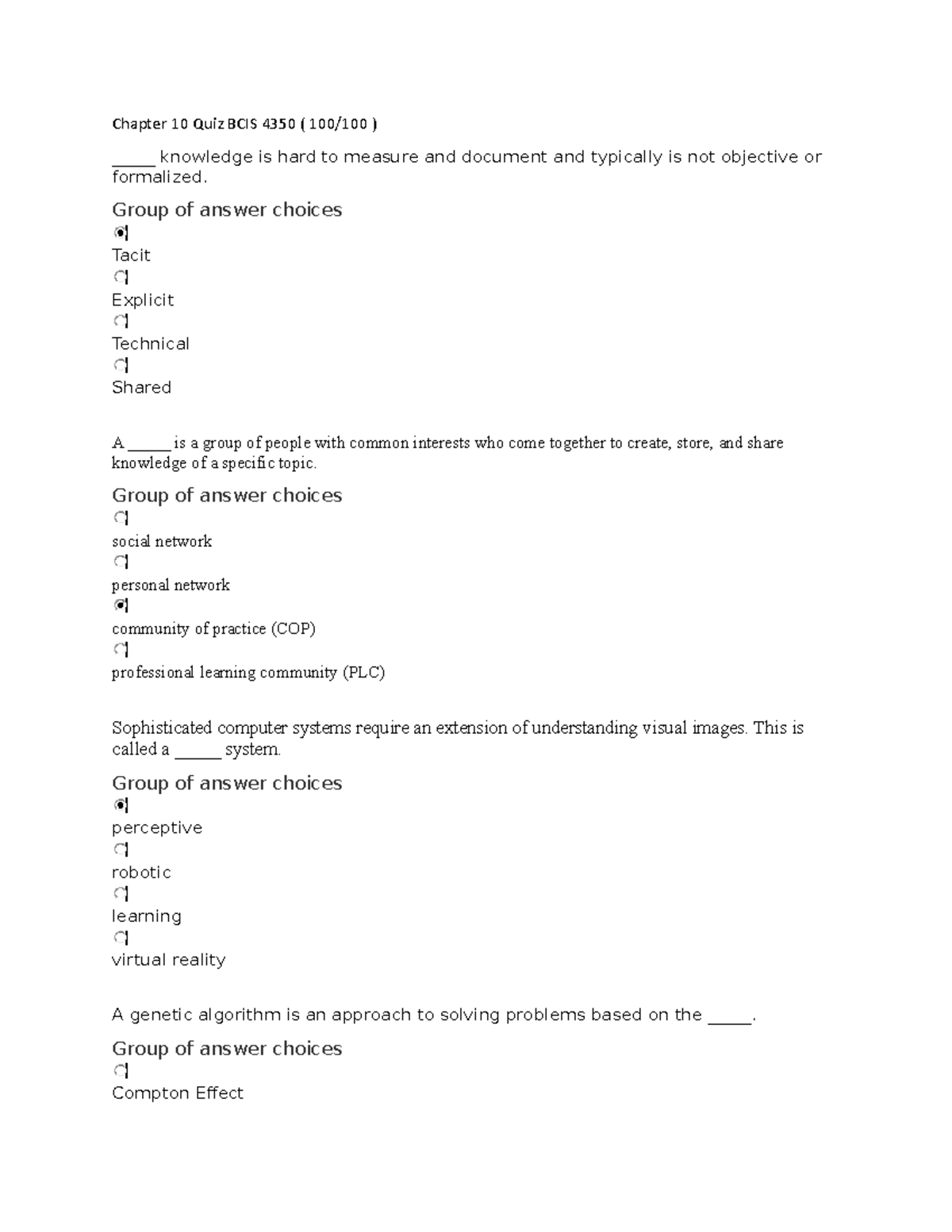 Chapter 10 Quiz BCIS 4350 - Chapter 10 Quiz BCIS 4350 ( 100/100 ...