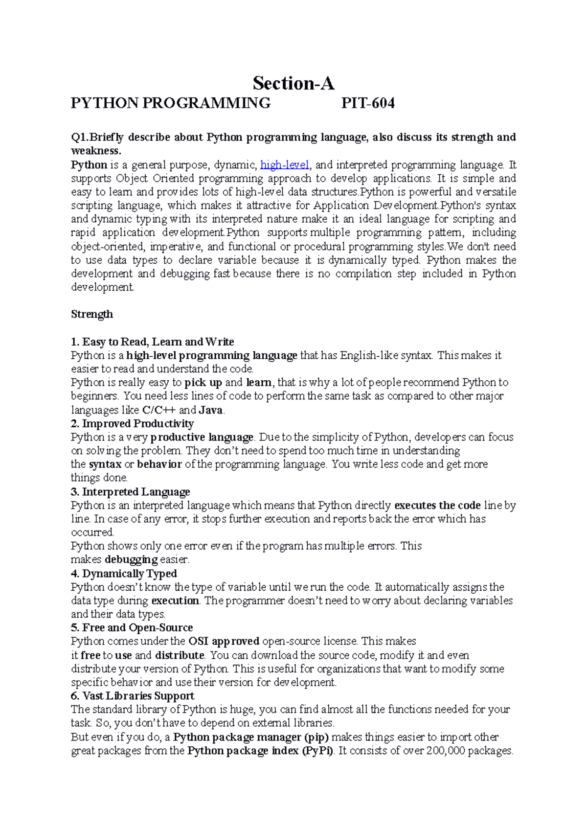 Important Question Python - Section-A PYTHON PROGRAMMING PIT- Q1 ...