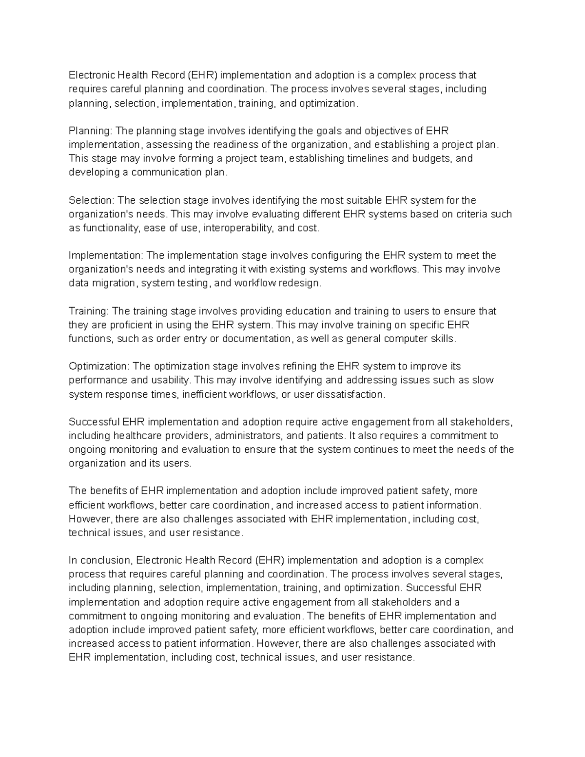 EHR Implementation and Adoption in Healthcare Settings Notes ...