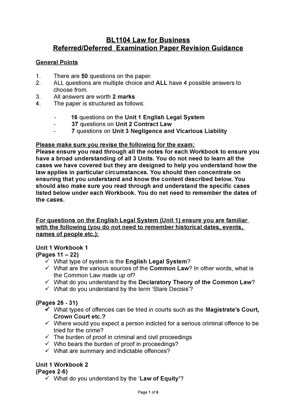 Revision notes for referred exam summer 2017 - BL1104 Law for Business 