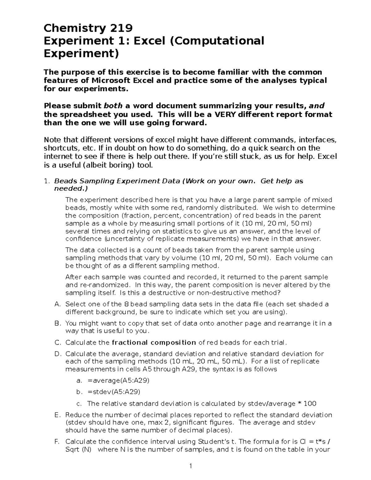 Experiment 1 Excel Spring 2021 - Chemistry 219 Experiment 1: Excel ...
