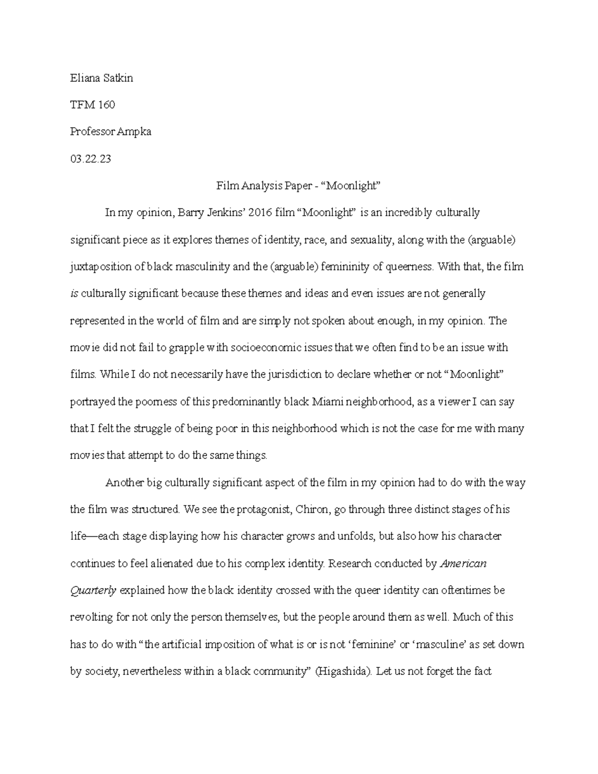 TFM160 Film Analysis Paper - Moonlight - TFM 160 - SDSU - Studocu