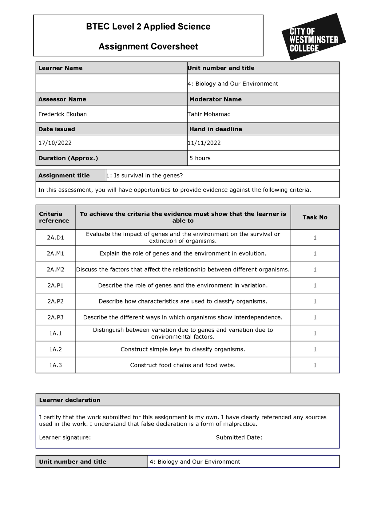 applied science course work