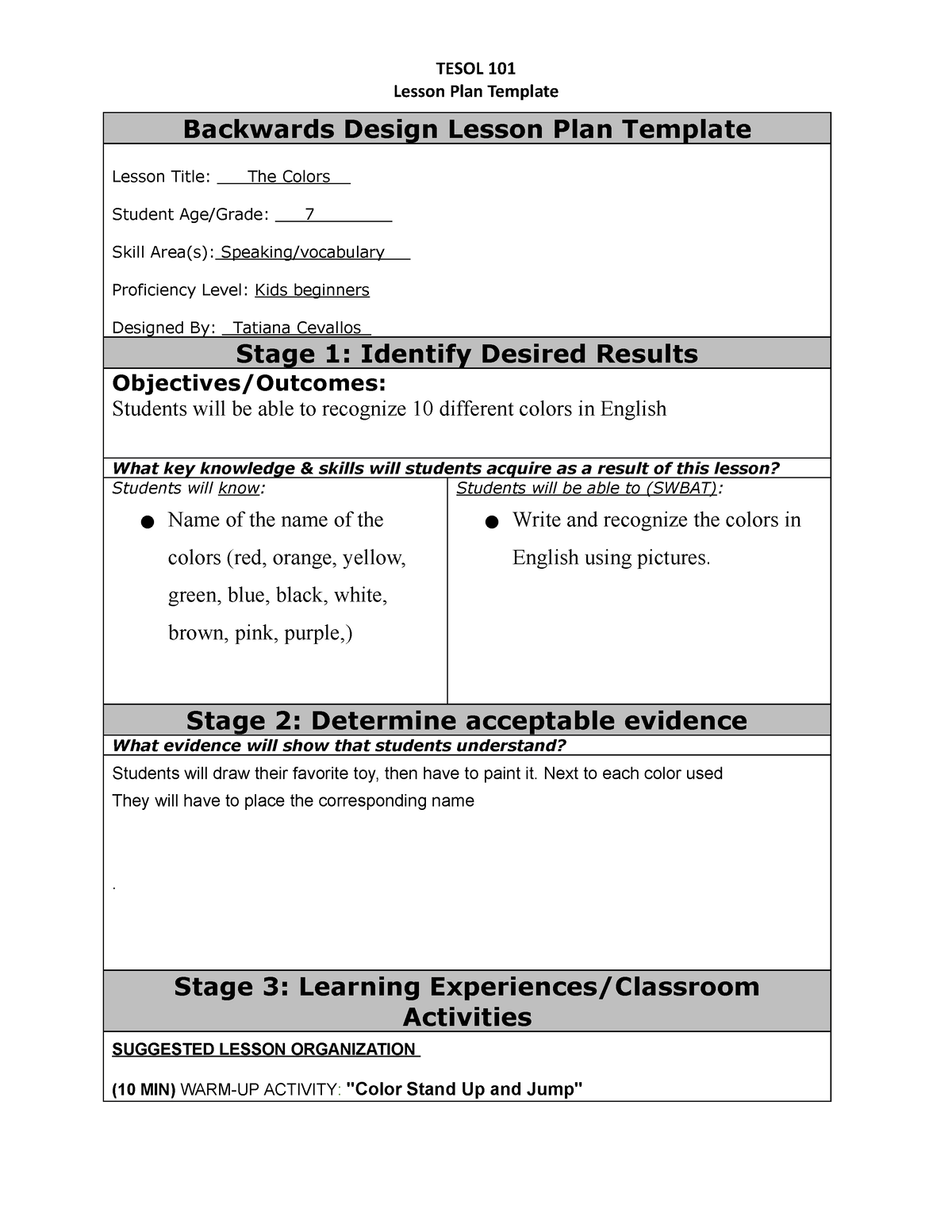 Tesol 101 document lesson Plan Template 2 Colors TESOL 101 Lesson