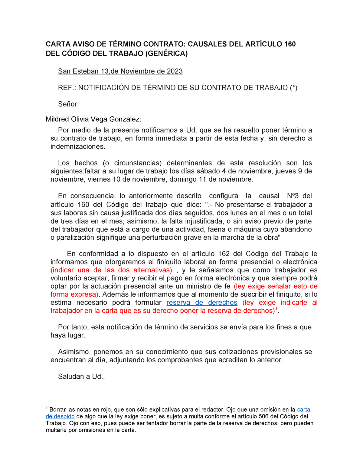 Formato Carta De Despido Trabajadora Causales De Articulo Del Codigo Del Trabajo Carta