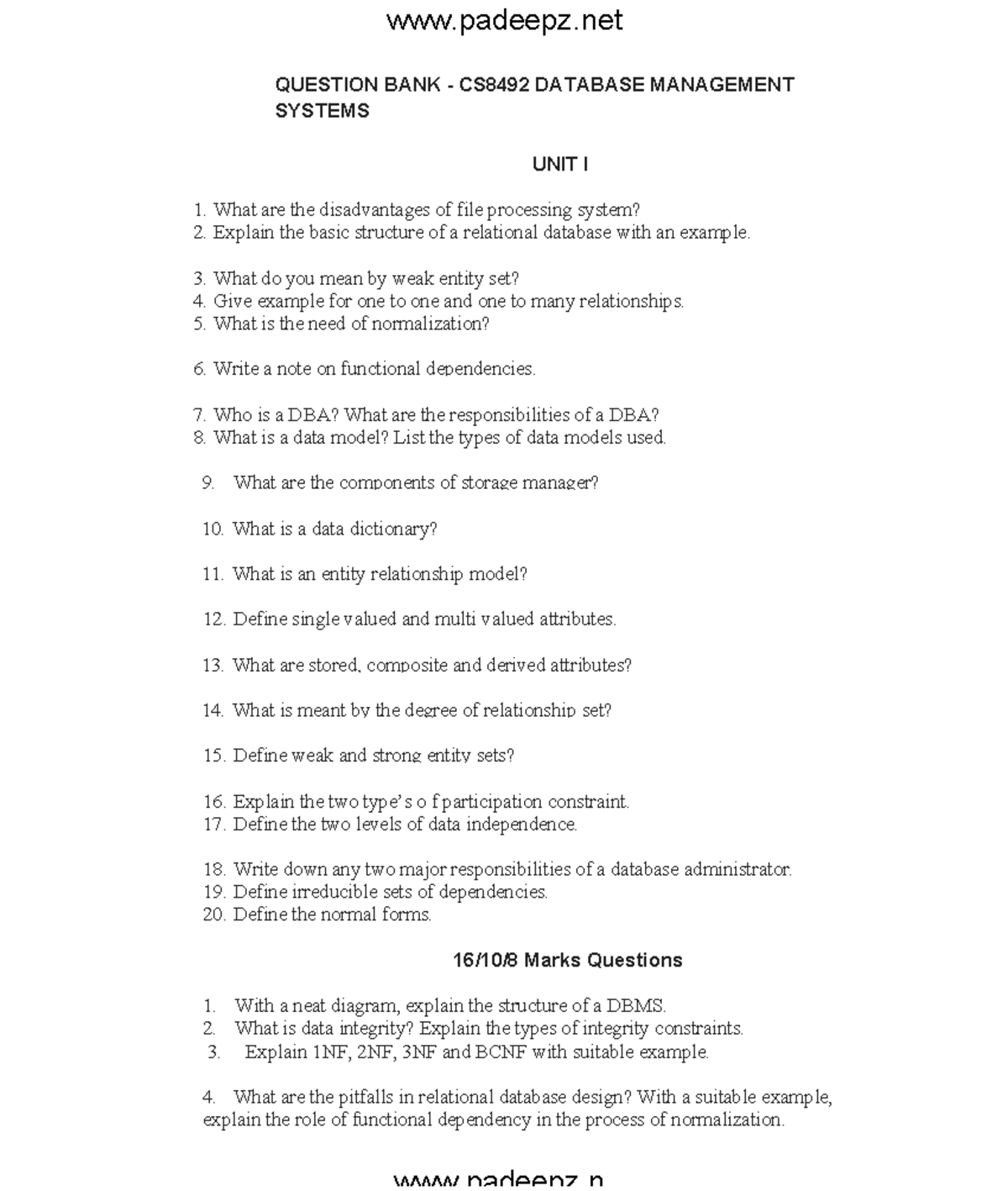 CS8492 qb - done - QUESTION BANK - CS8492 DATABASE MANAGEMENT SYSTEMS ...