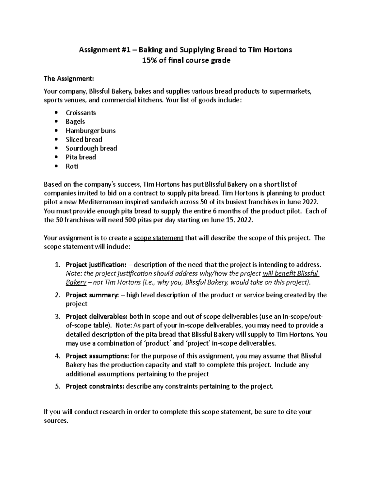 Assignment #1 - Bakery Scope Statement(1) scope and quality ...