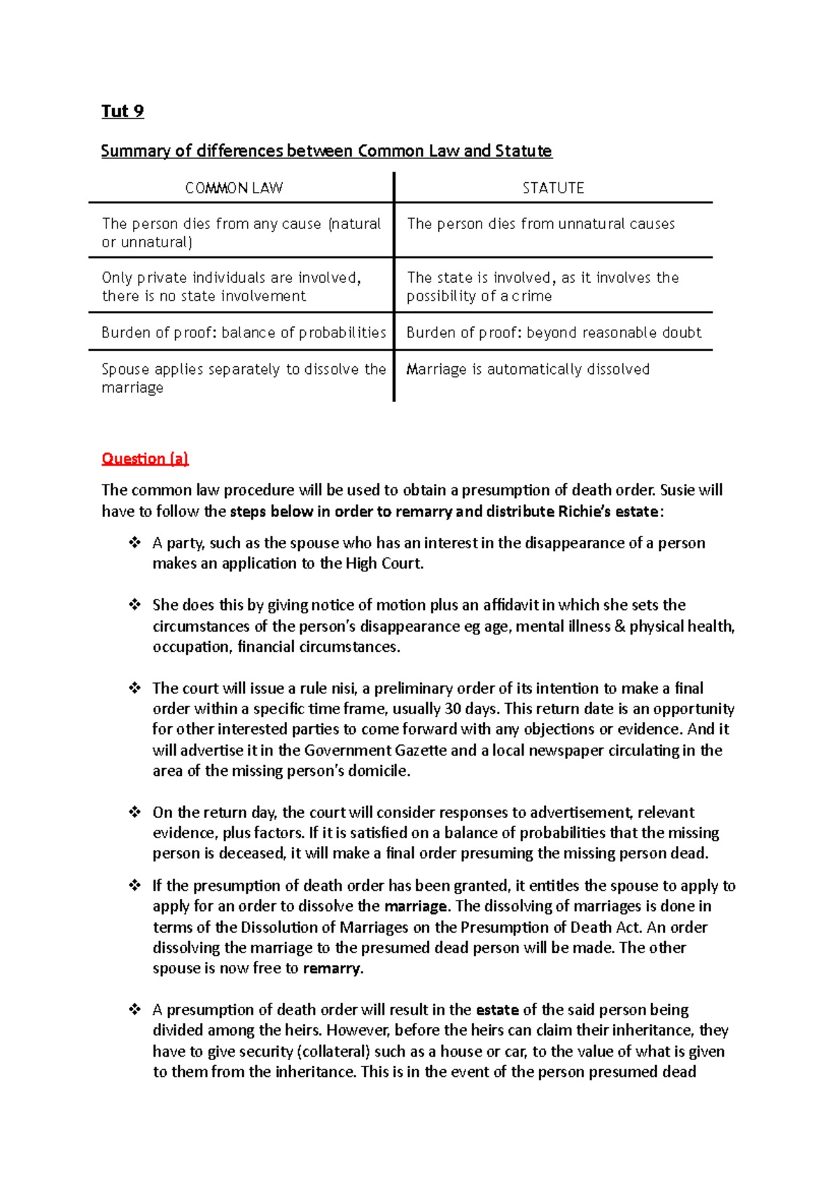 Law of Persons Tutorial Tut 9 Summary of differences between Common