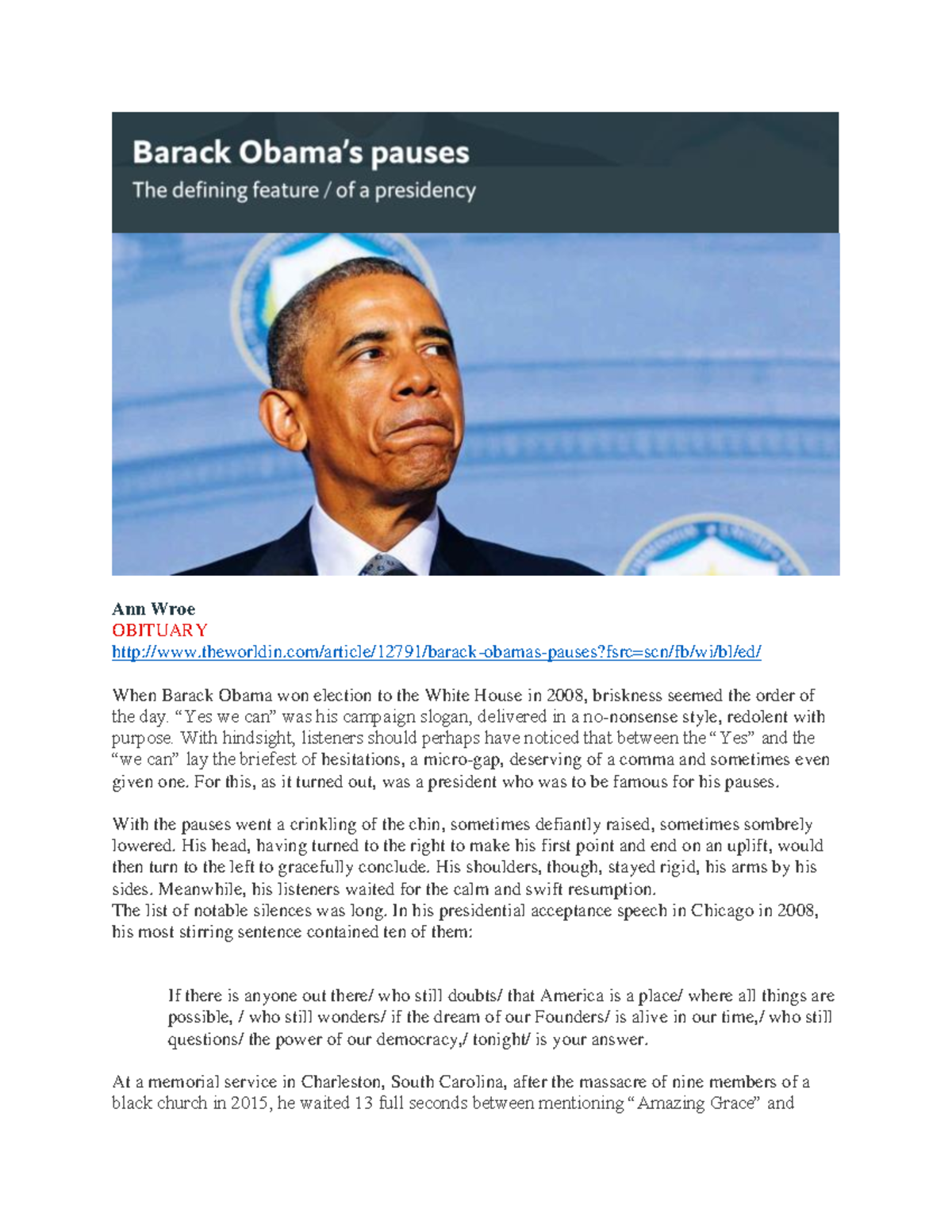 Obama's Pauses, Economist Article Ann Wroe OBITUARY Studocu