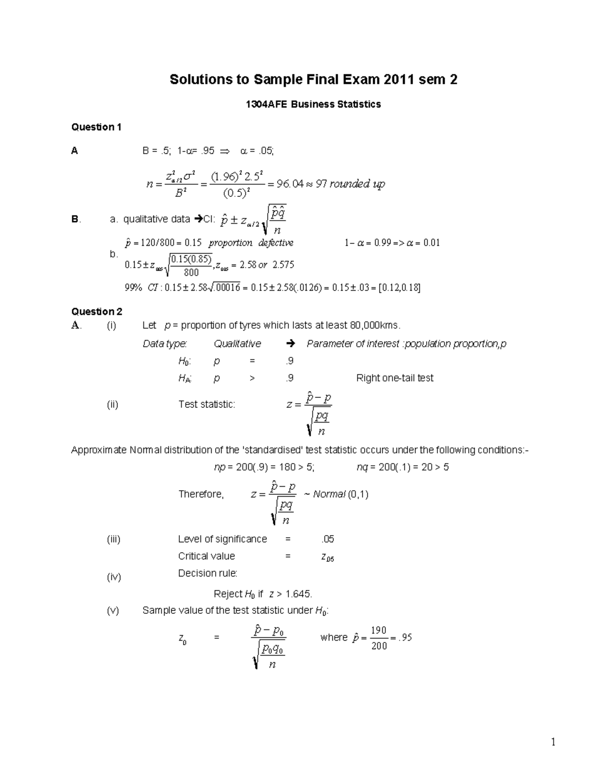 Final Exam 7 July, answers - Solutions to Sample Final Exam 2011 sem 2 1304AFE Business ...