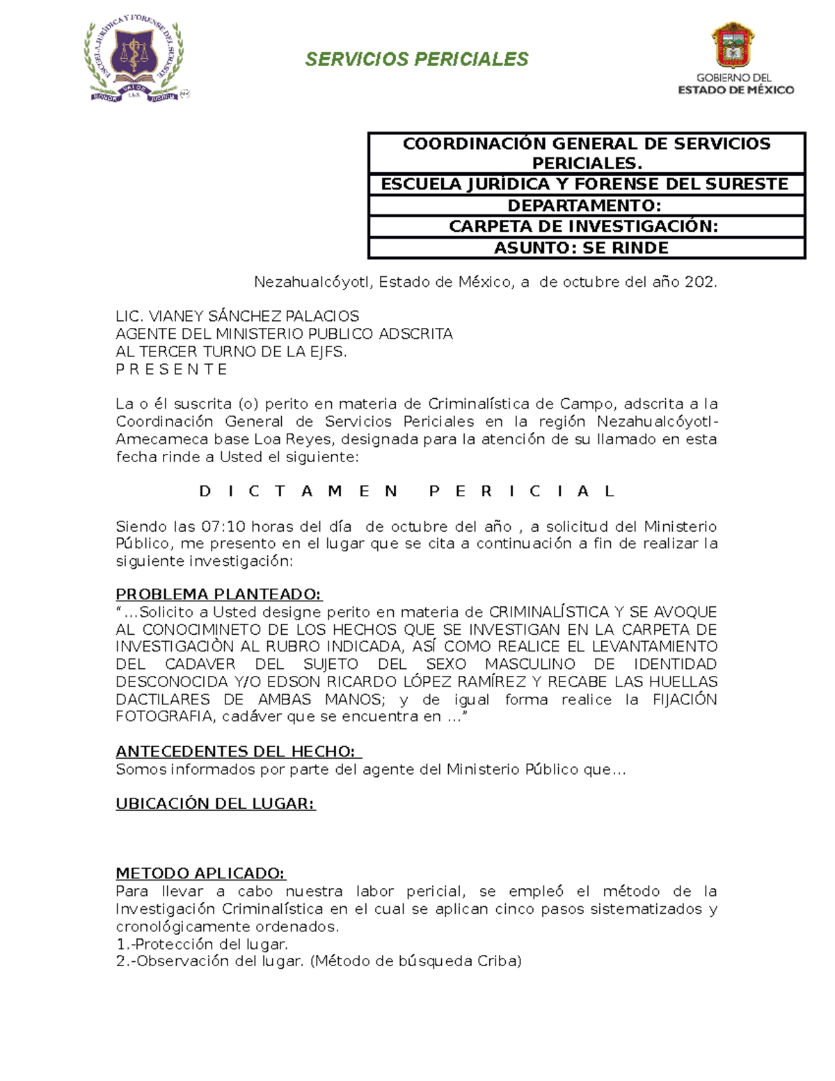 Dictamen Ejemplo Criminalística De Campo - Nezahualcóyotl, Estado De ...