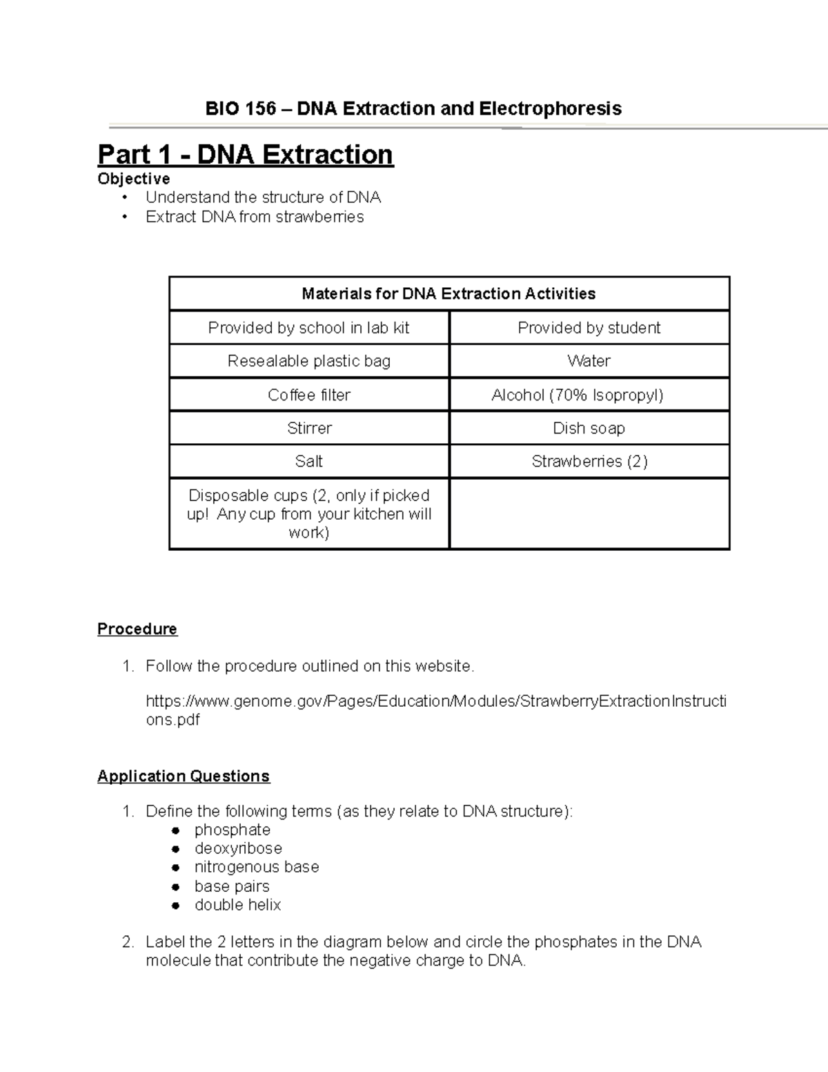 DNA Lab Handout Covid Lab BIO 156 DNA Extraction and