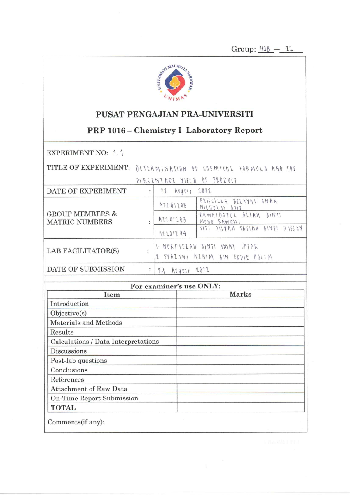 Lab Report Experiment 1.1 H1B21 - Resource Chemistry - Studocu