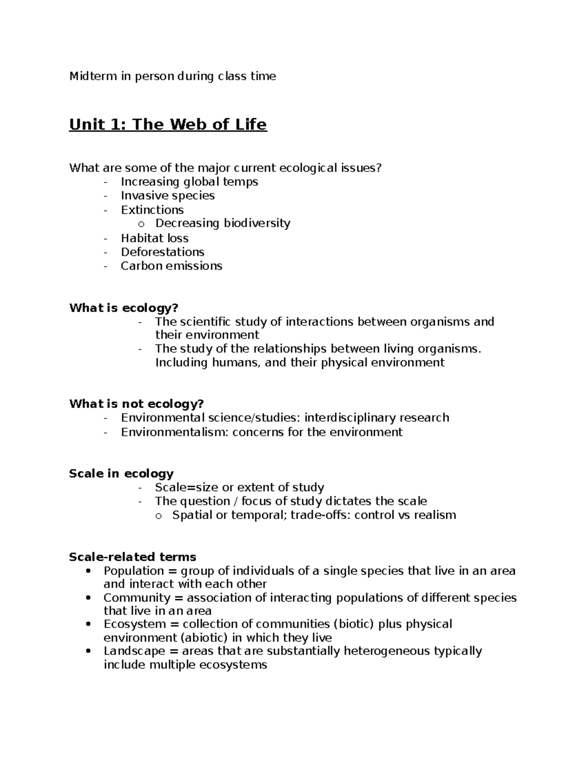 BI206 notes Midterm in person during class time Unit 1 The  of