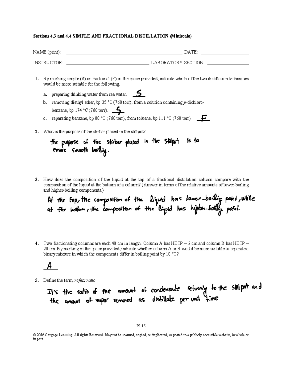 Simple fractional distillation pre lab PL 15 2016 Cengage Learning