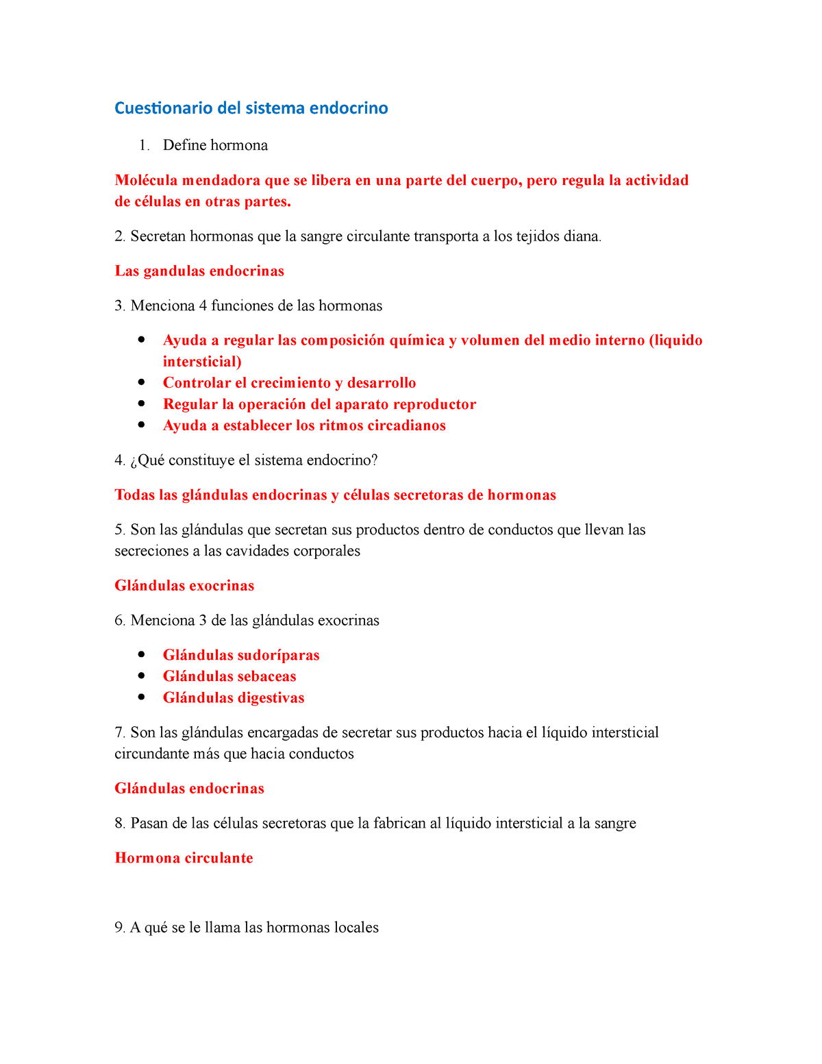 Preguntas Sis Endocrino Cuestionario Del Sistema Endocrino Define Hormona Mol Cula