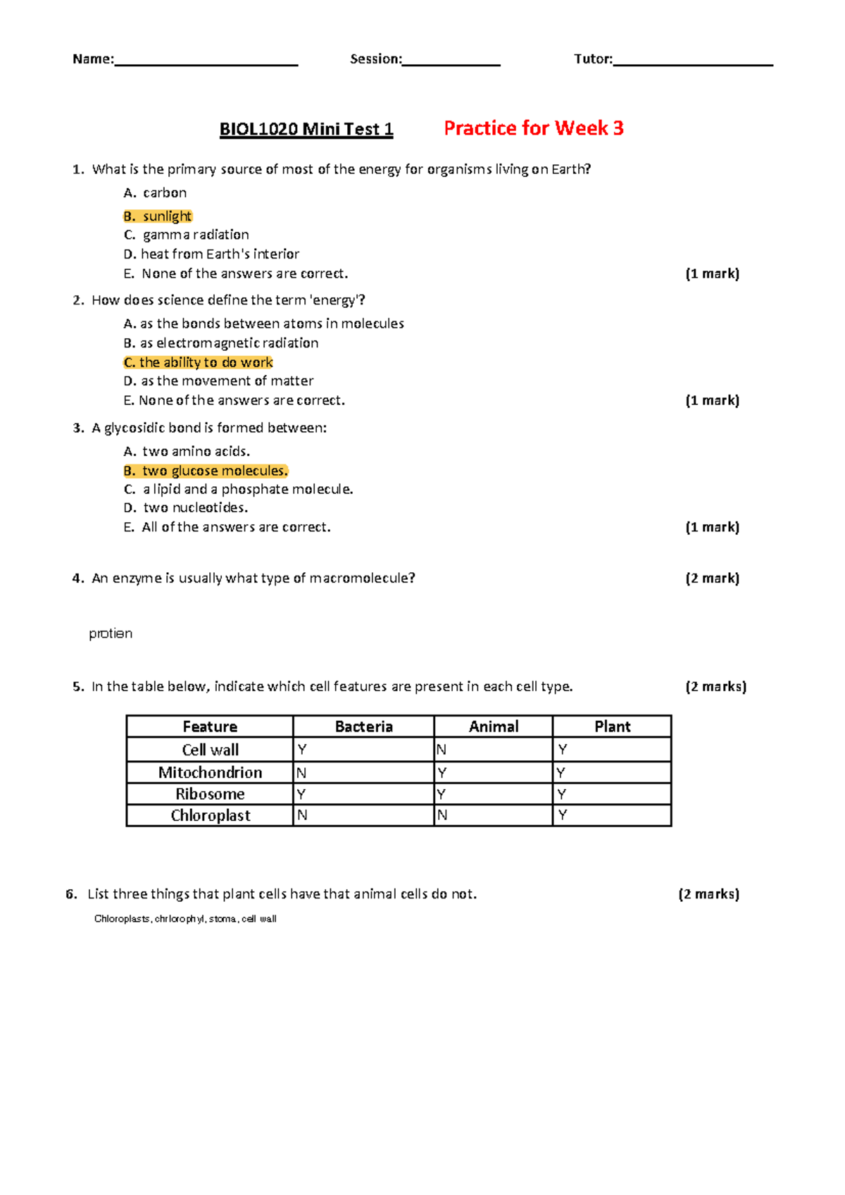 BIOL1020 Mini Test example - Name: Session: Tutor: BIOL1020 Mini Test 1 ...