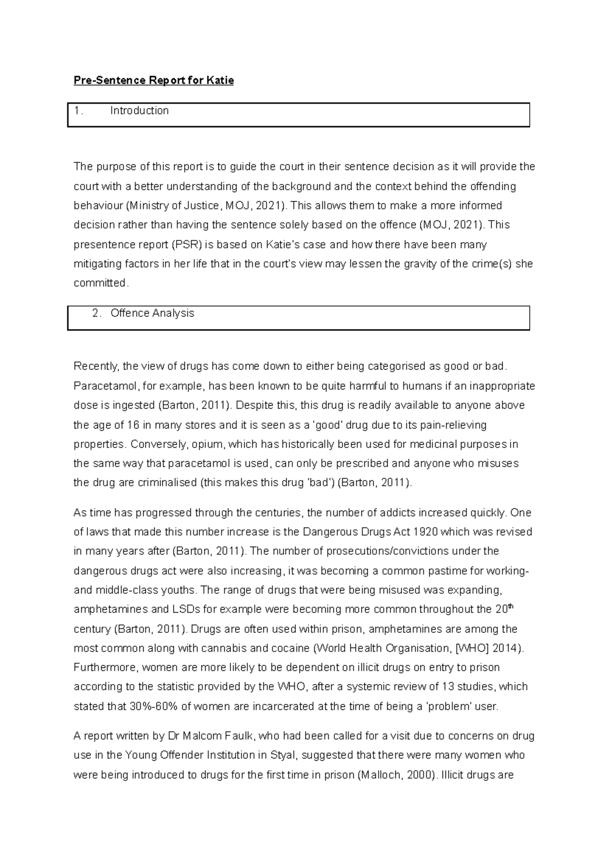 Pre Sentence Report Assessment Pre Sentence Report For Katie 