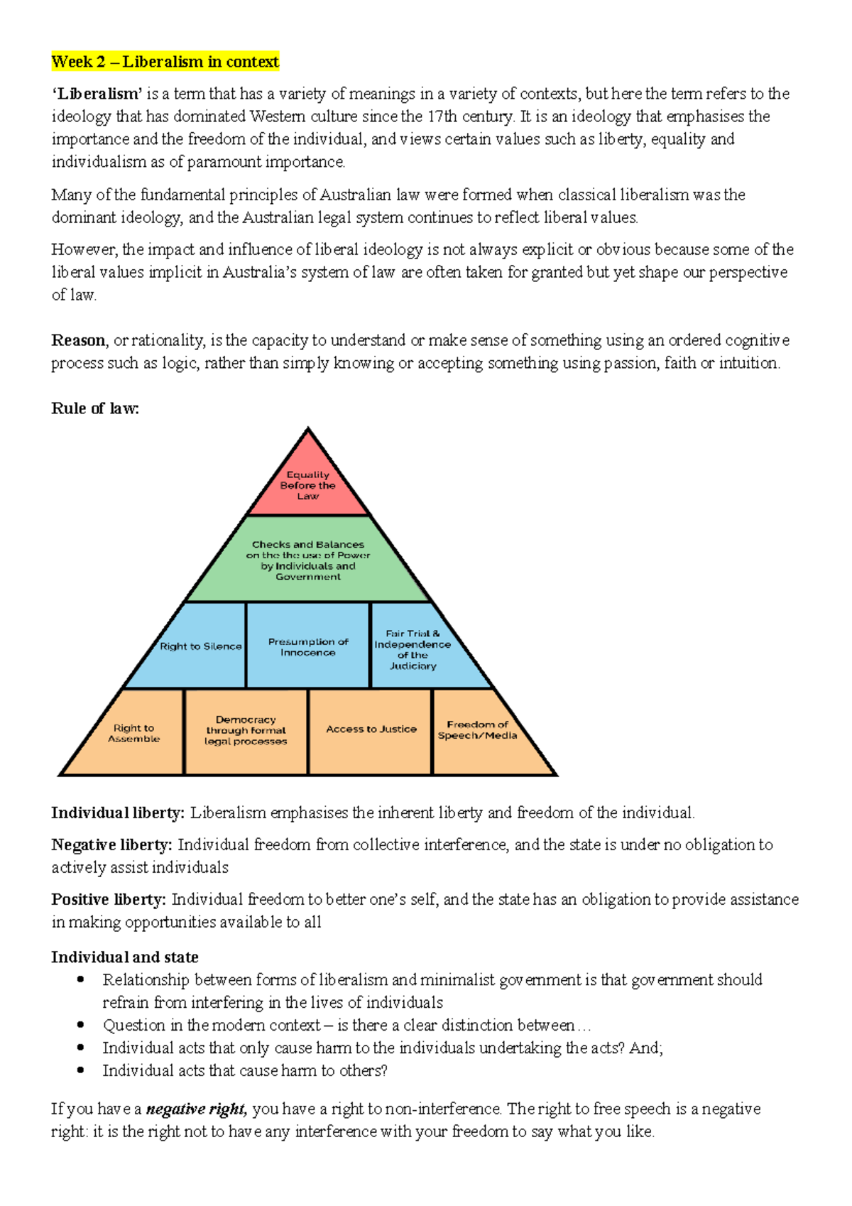 Laws 1700 Lecture Notes - Week 2 – Liberalism in context ‘Liberalism ...