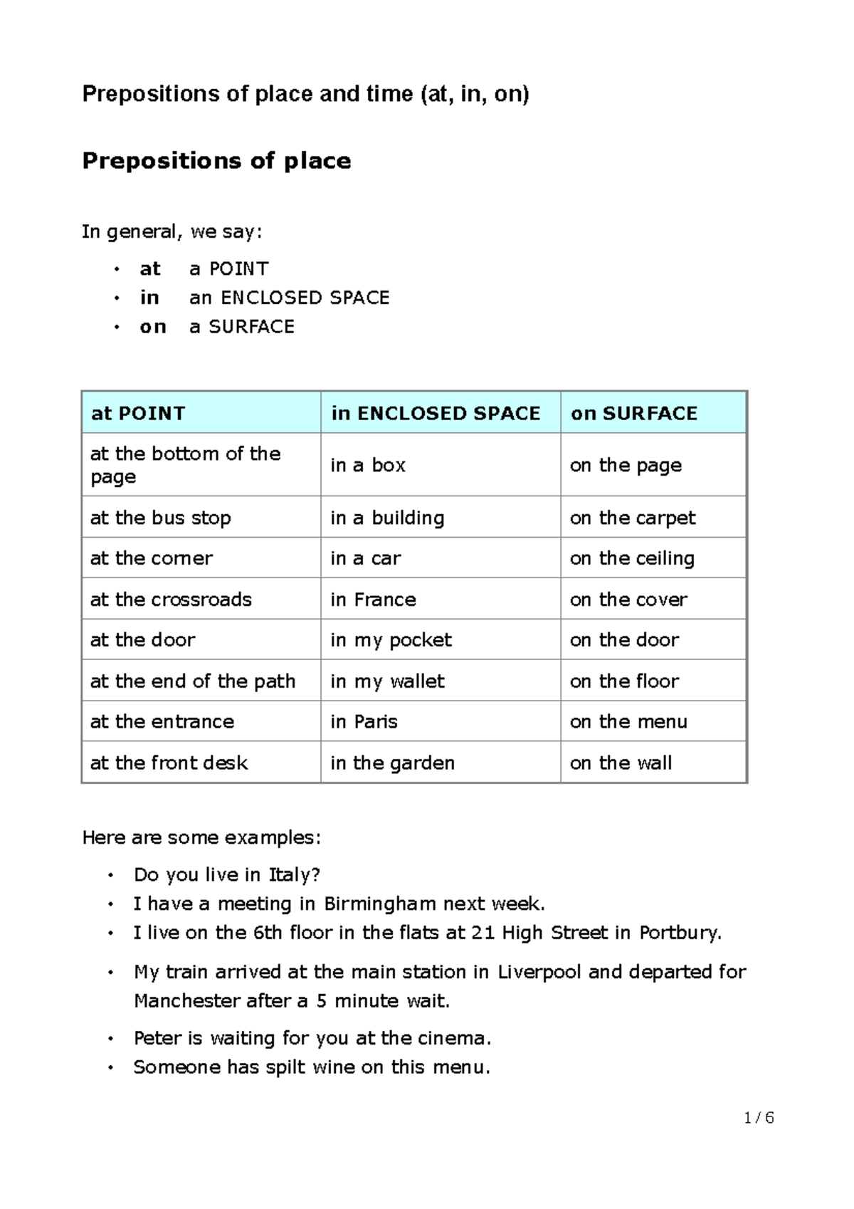 Prepositions at in on - in on at preposiciones - Prepositions of place ...