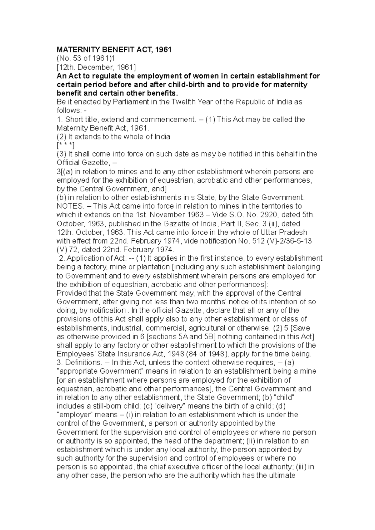 Maternity Benefit ACT 1961 MATERNITY BENEFIT ACT, 1961 (No. 53 of