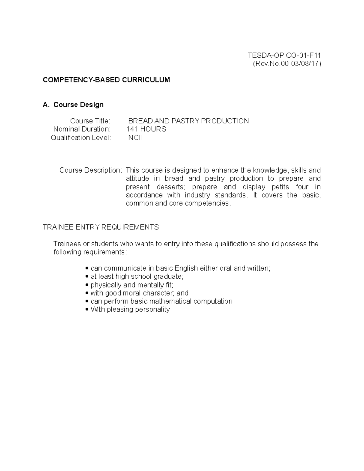 1 CBC - Bread and pastry Production - TESDA-OP CO-01-F (Rev.No-03/08/17 ...