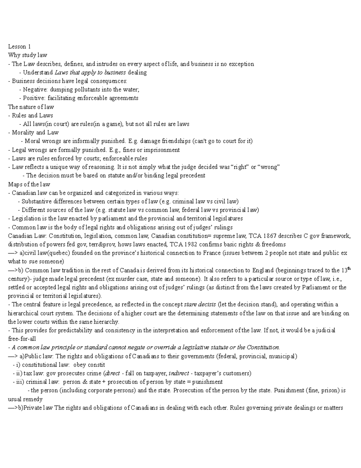 LAW122 notes (detail) - Lesson 1 Why study law The Law describes ...