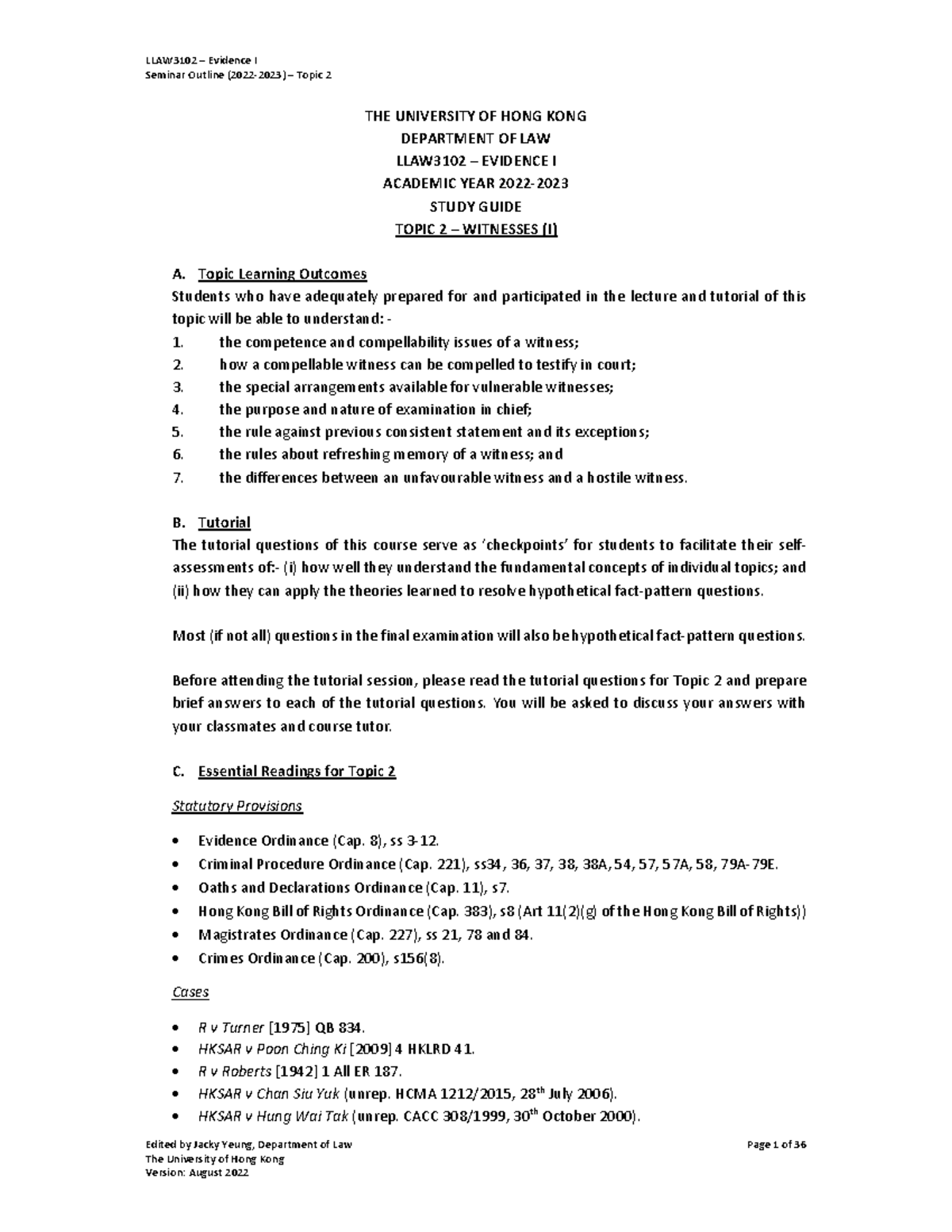 Topic 2 Witnesses I - lecture - Seminar Outline (2022‐2023) – Topic 2 ...