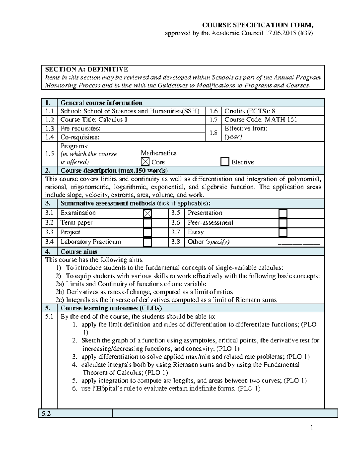 MATH 161 Fall 2023 - Syllabus - approved by the Academic Council 17.06 ...