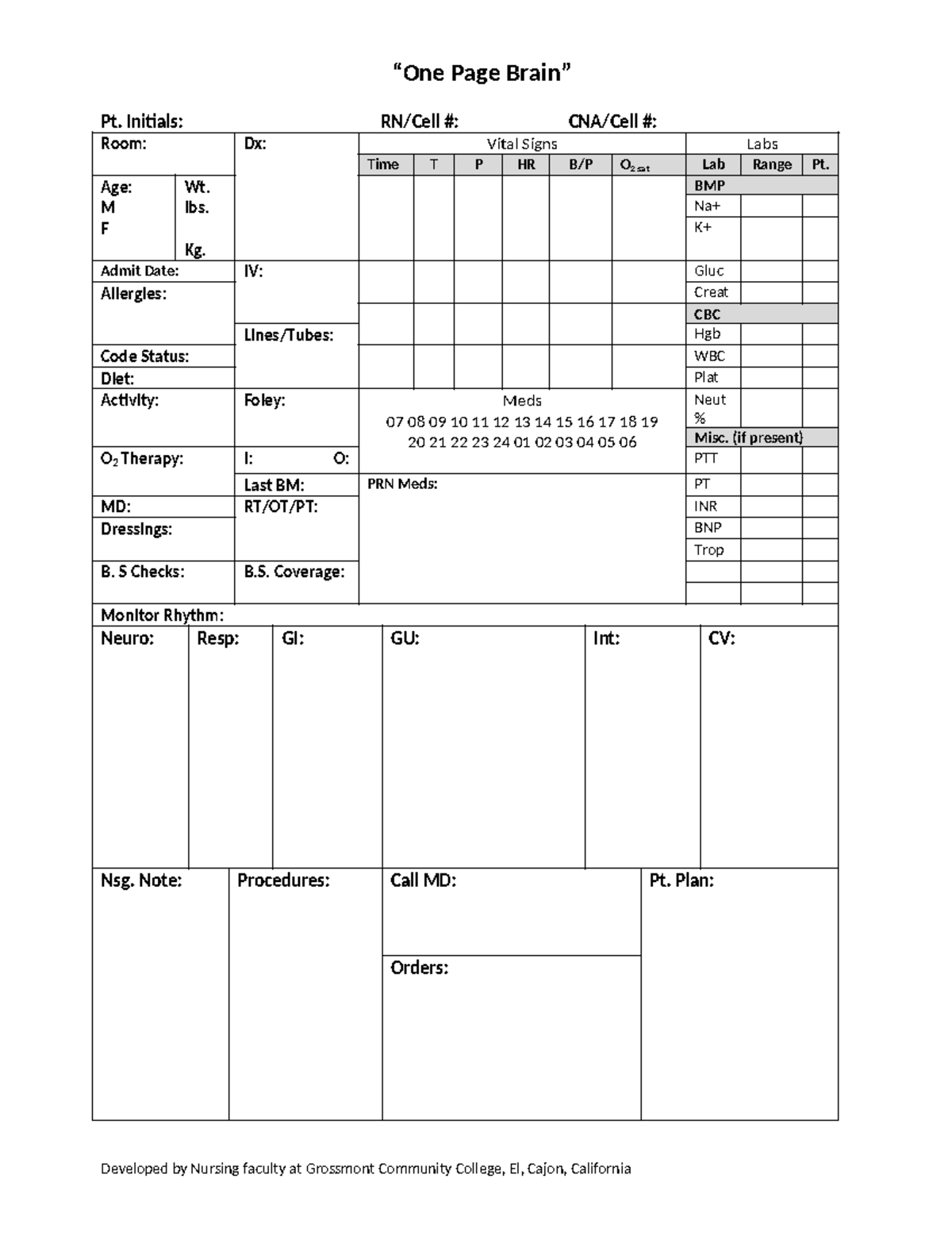 One+page+brain-grossmont+cc - “one Page Brain” Pt. Initials: Rn Cell 