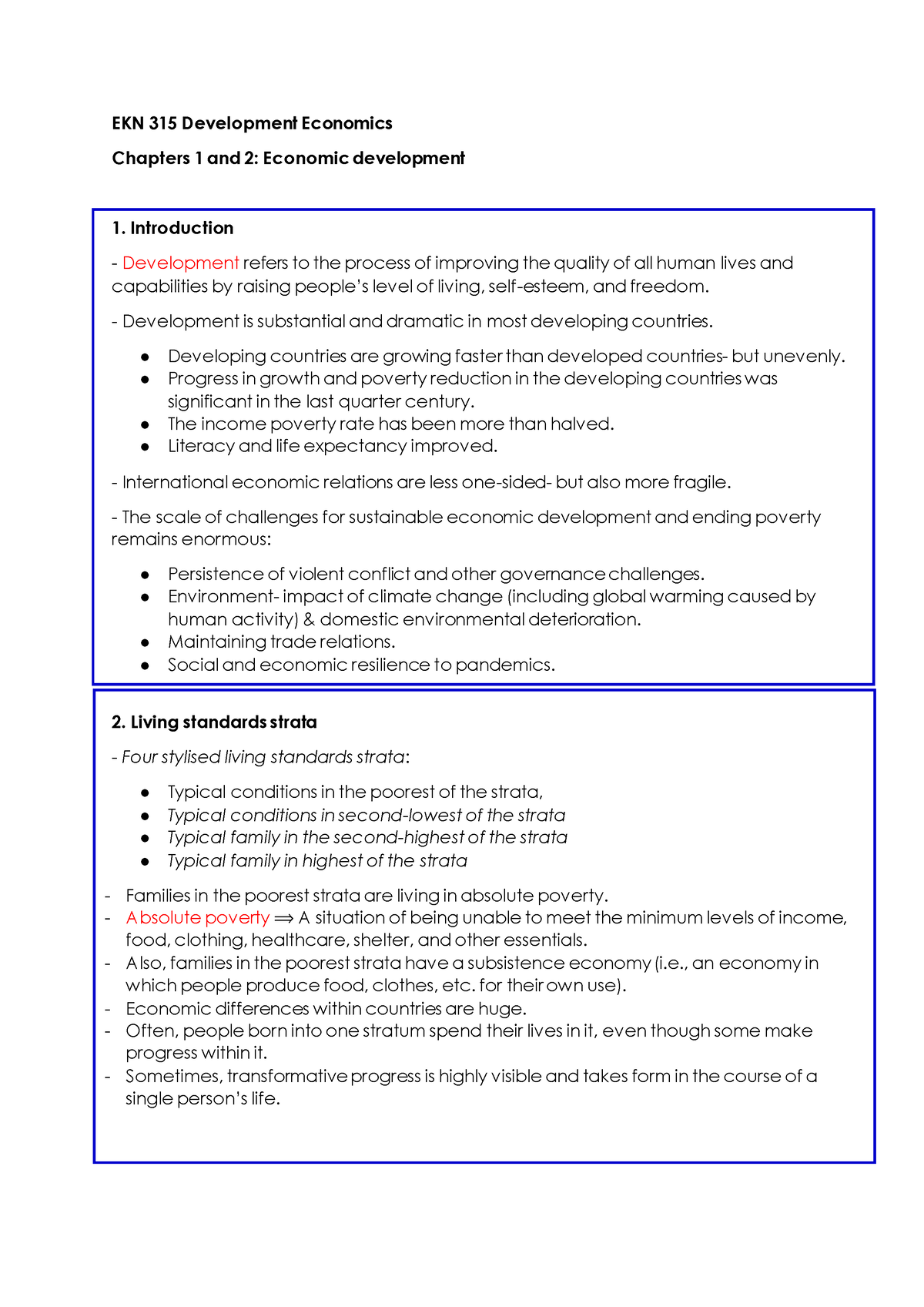 EKN 315 Chapters 1 and 2 (Economic development) - EKN 315 Development ...