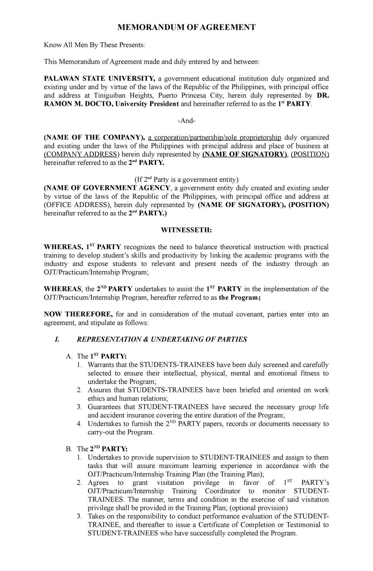 University Memorandum of Agreement 4 copies - MEMORANDUM OF AGREEMENT ...