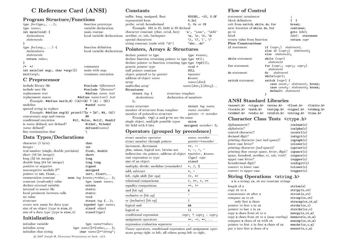 C Reference Card - . .); function prototype type name; variable ...