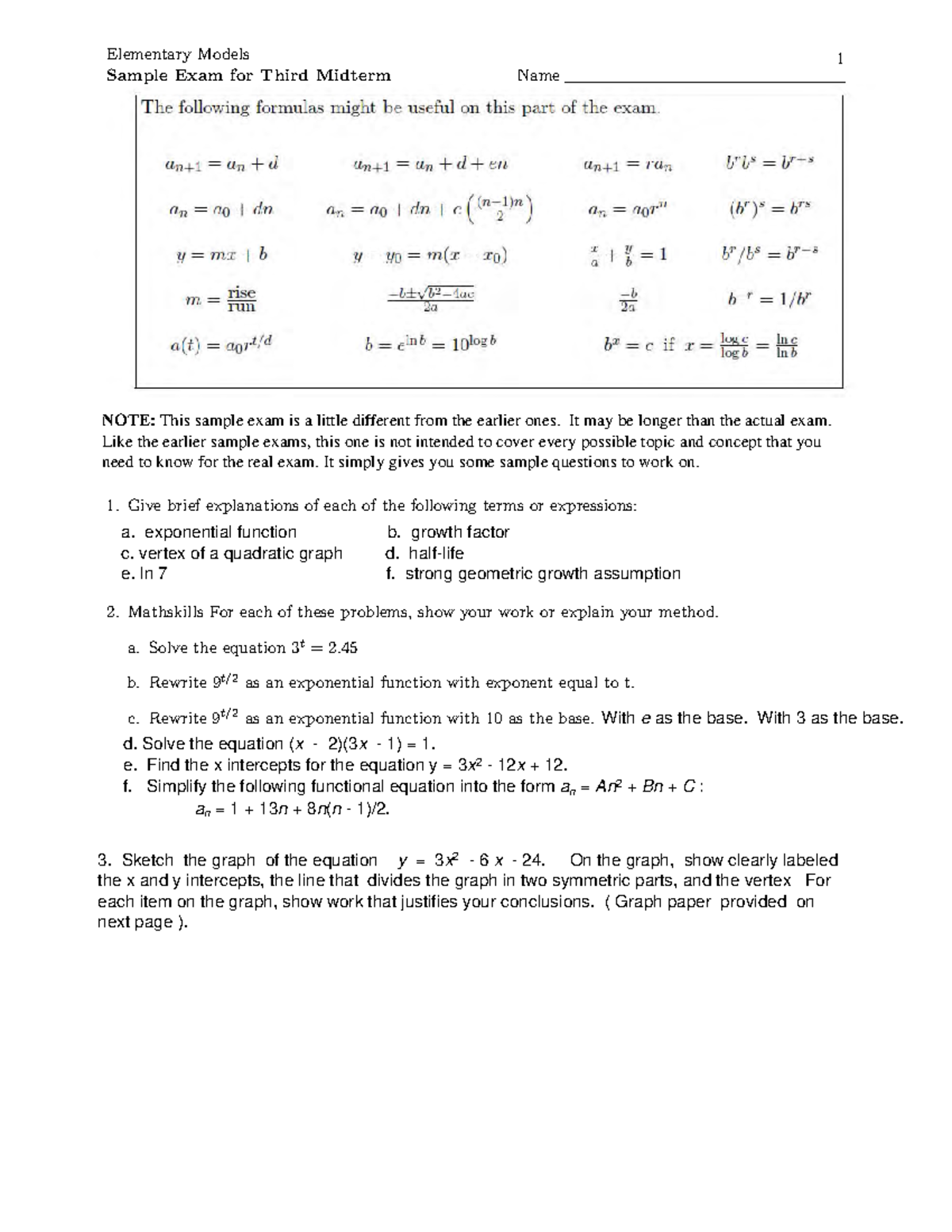Sample/practice exam Fall 2017, questions - Elementary Models Fall 2006 ...