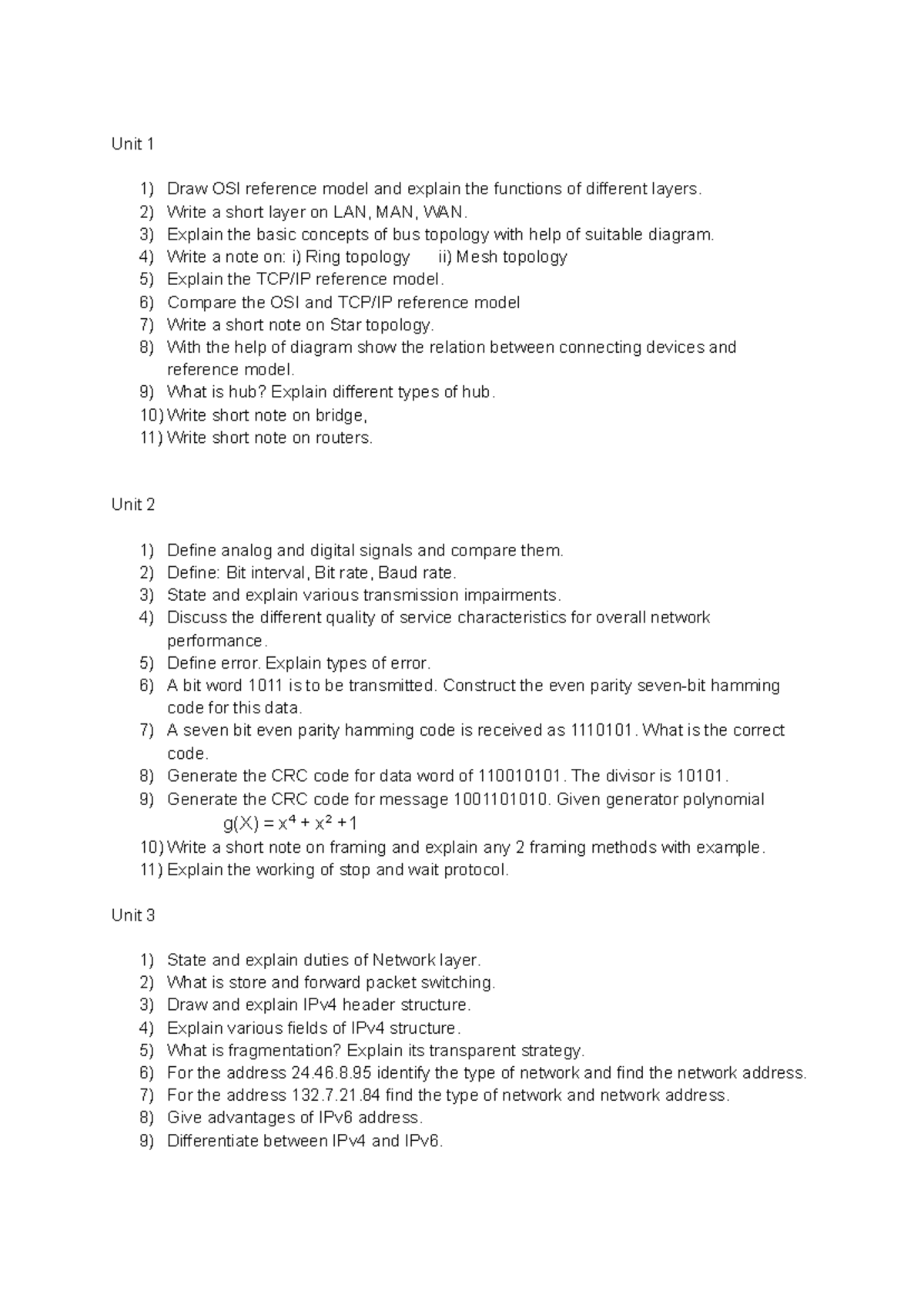 Question bank - Computer network QB - Unit 1 1) Draw OSI reference ...