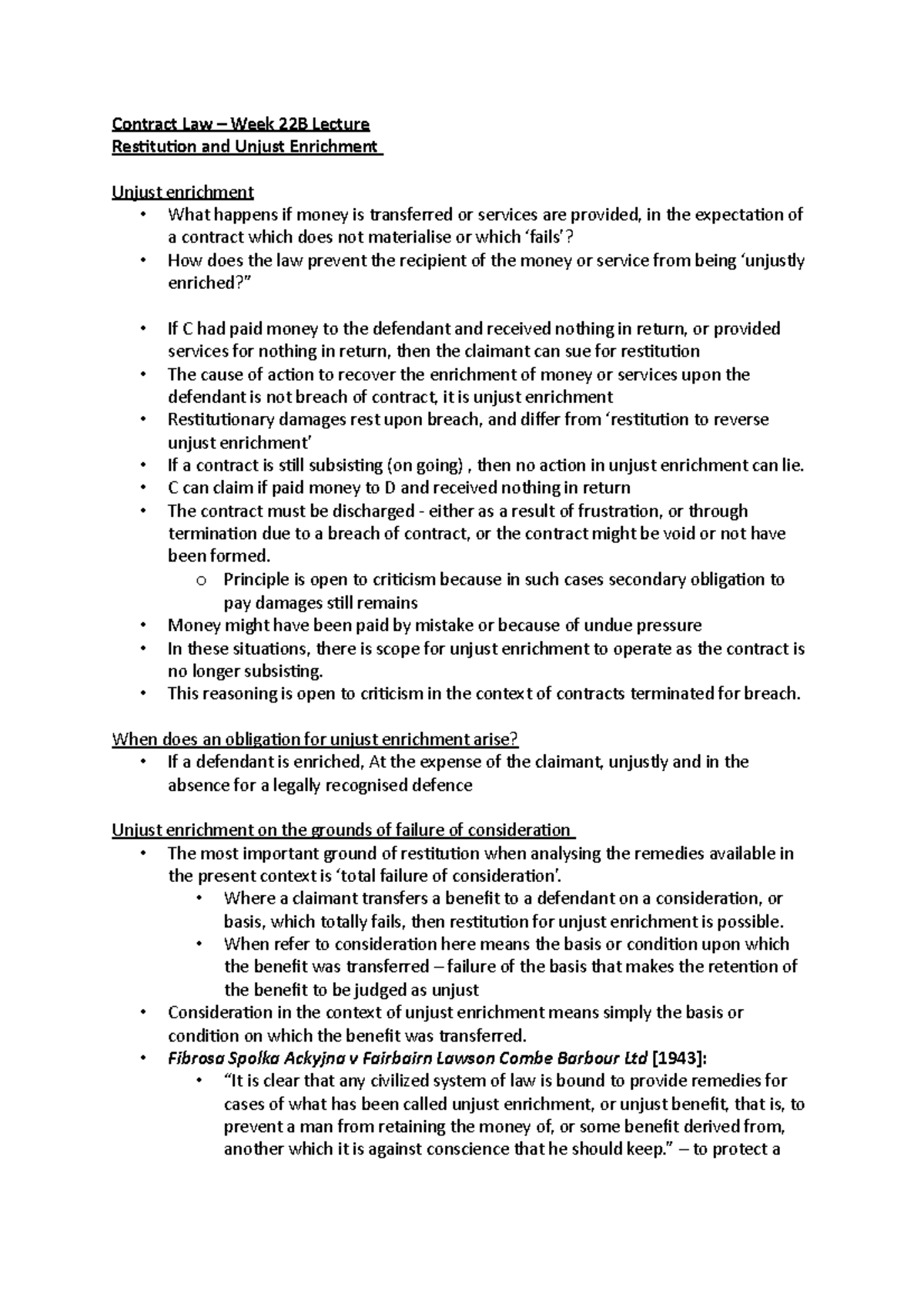 Restitution And Unjust Enrichment Contract Law Week 22B Lecture