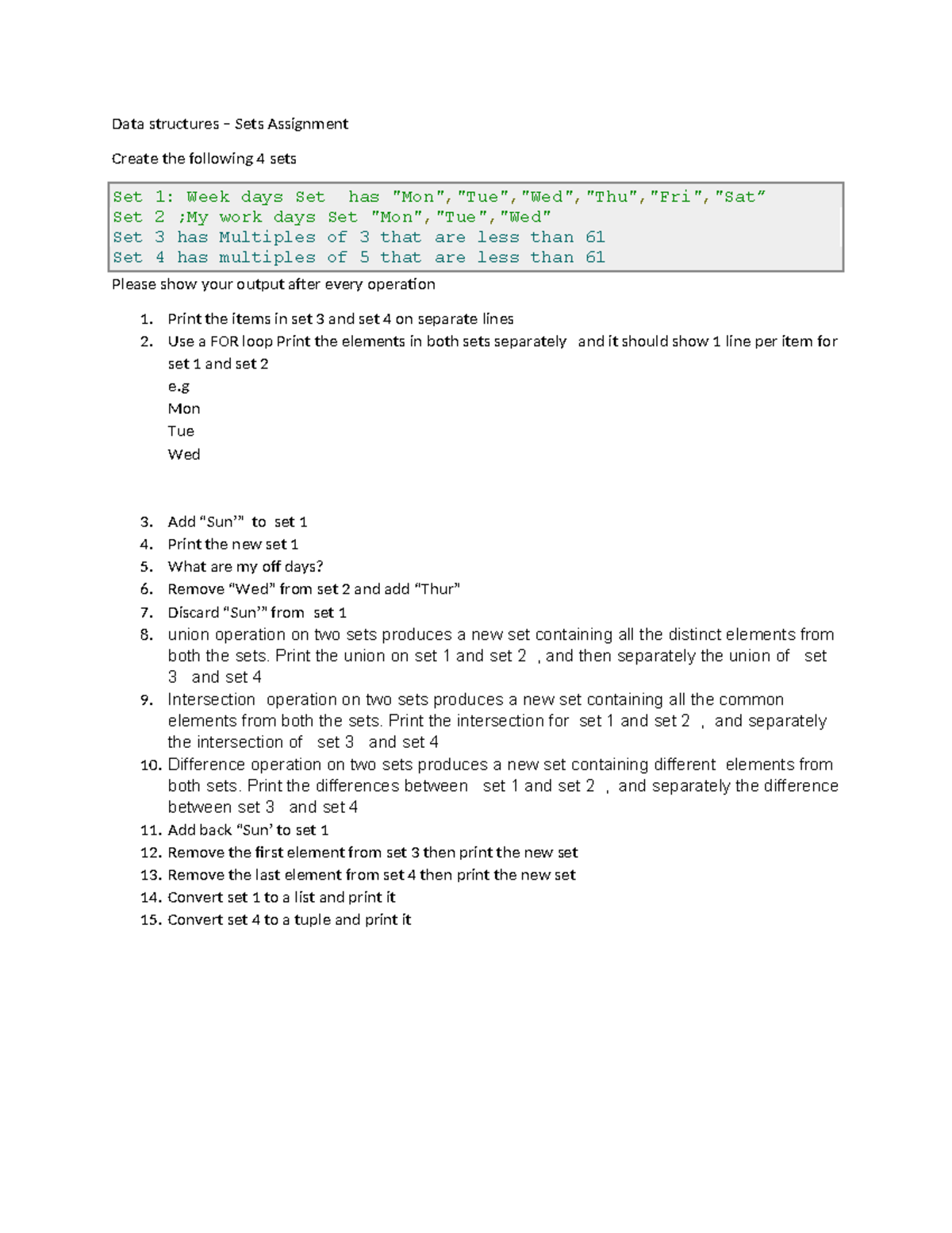 Data structures Set - Sets Assignment - Data structures – Sets ...