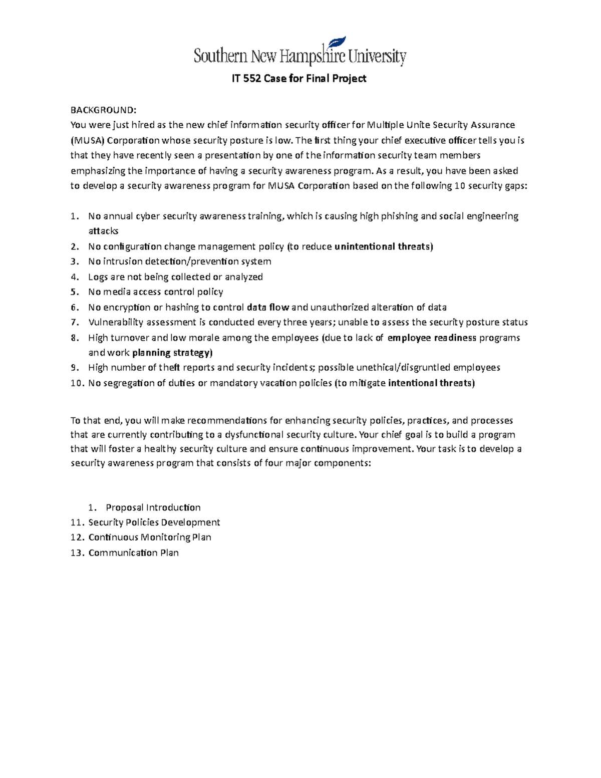 IT 552 Case Document for Final Project - IT 552 Case for Final Project ...