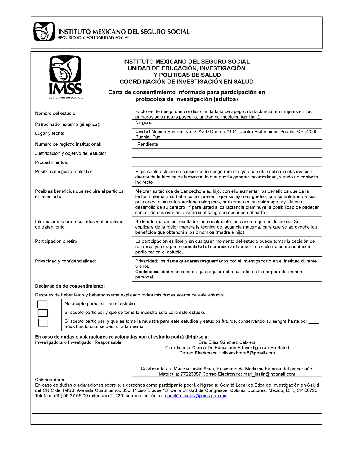 Consentimiento Informado Protocolo Instituto Mexicano Del Seguro Social Unidad De EducaciÓn 2431