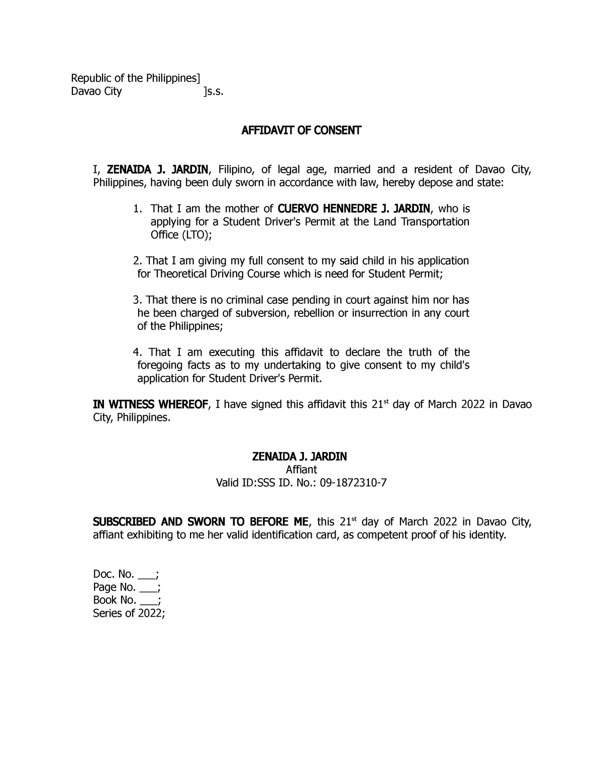 Affidavit Of Consent Sp 032122 Republic Of The Philippines Davao City S Affidavit Of 9888