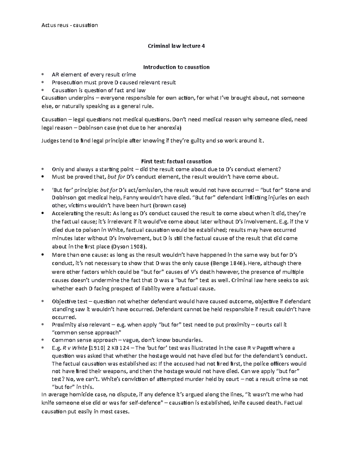 4 AR (causation) - Lecture notes 4 - Criminal law lecture 4 ...