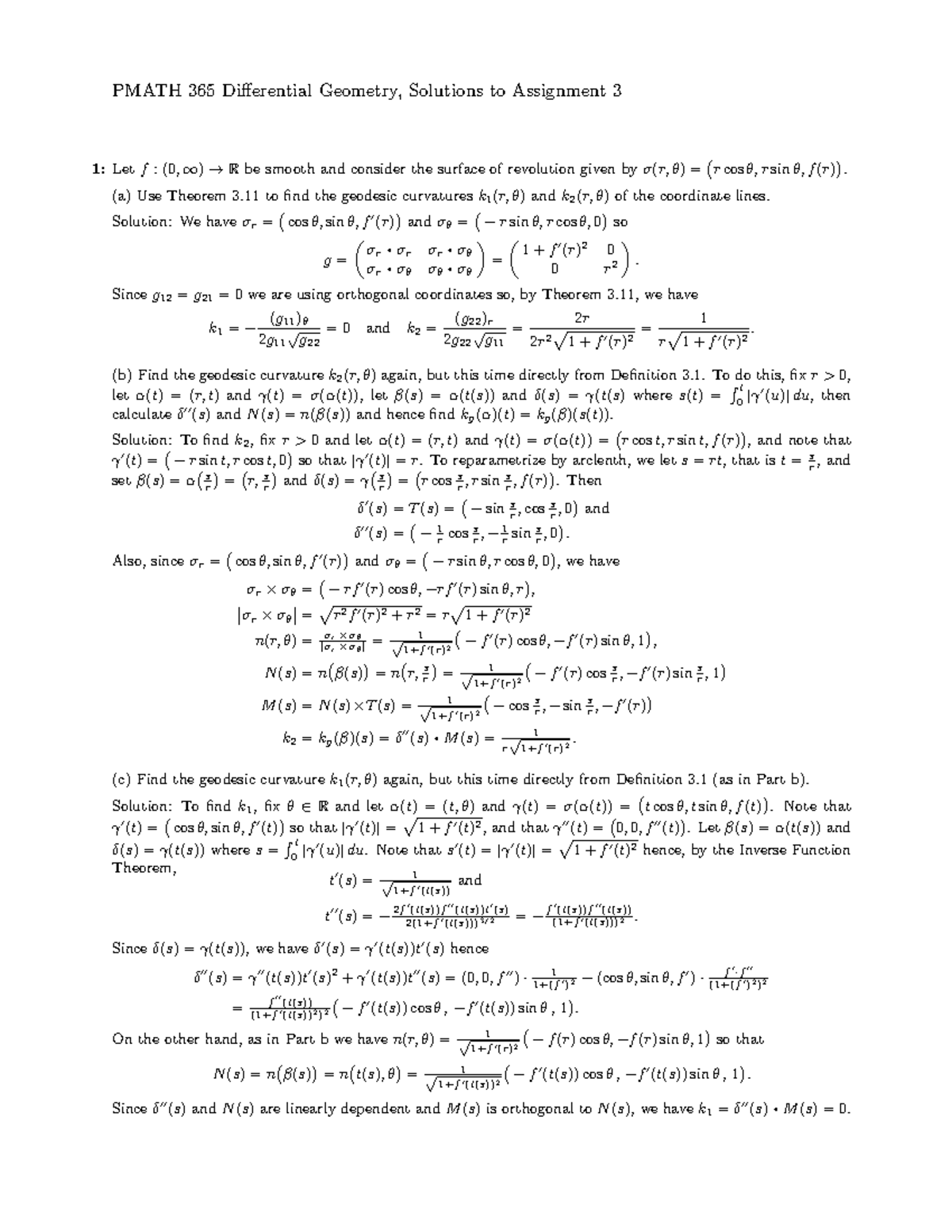 Assig 3soln PMATH 365 Differential Geometry, Solutions to Assignment