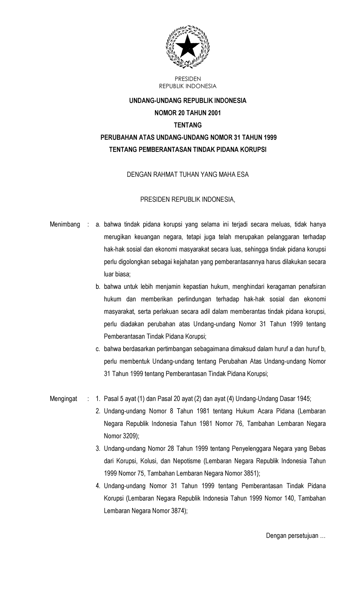 UU Nomor 20 Tahun 2001 - Peraturan Hukum - REPUBLIK INDONESIA UNDANG ...