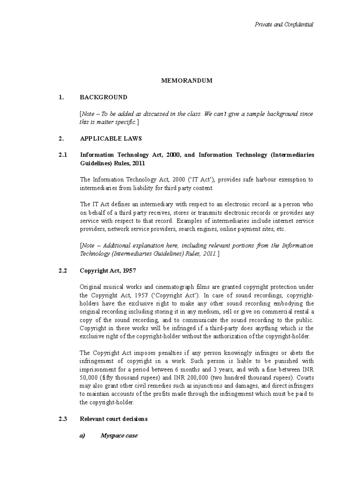 Sample memo - Private and Confidential MEMORANDUM 1. BACKGROUND [Note ...