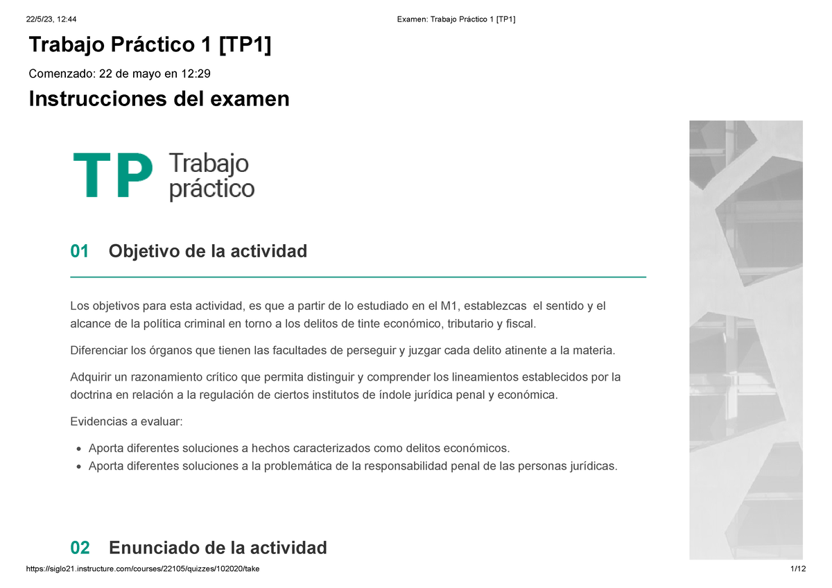 Examen Trabajo Práctico 1 Tp1 85 Trabajo Práctico 1 Tp1 Comenzado 22 De Mayo En 12 3607